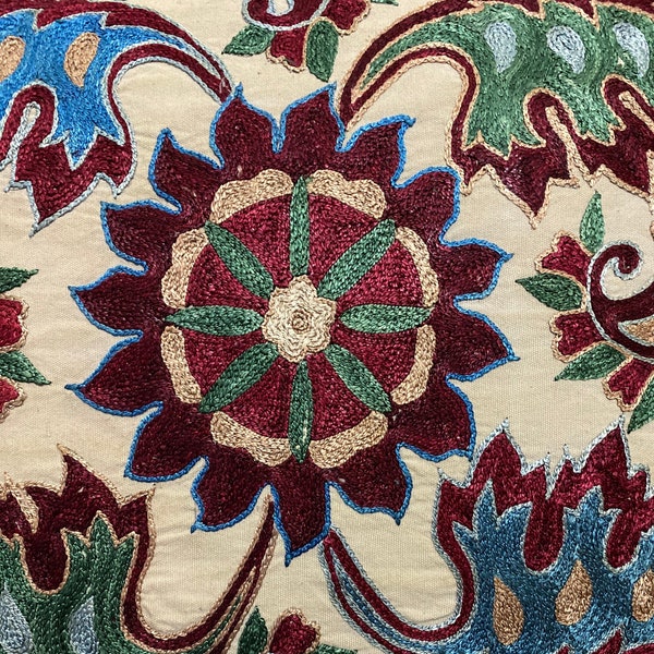 Uzbek suzani silk & cotton pillow cover, 17.3 x 18.1 inch / 44 x 46 cm