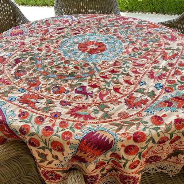 Uzbek round suzani hand embroidered table cloth, 74.8 inch / 190 cm