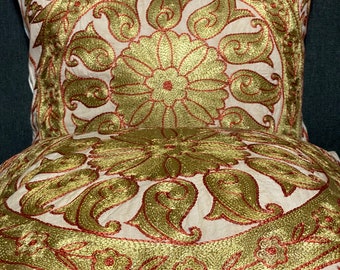 Pair of Uzbek suzani gold pillow covers, set of 2, 16.5 x 17.3 inch / 42 x 44 cm