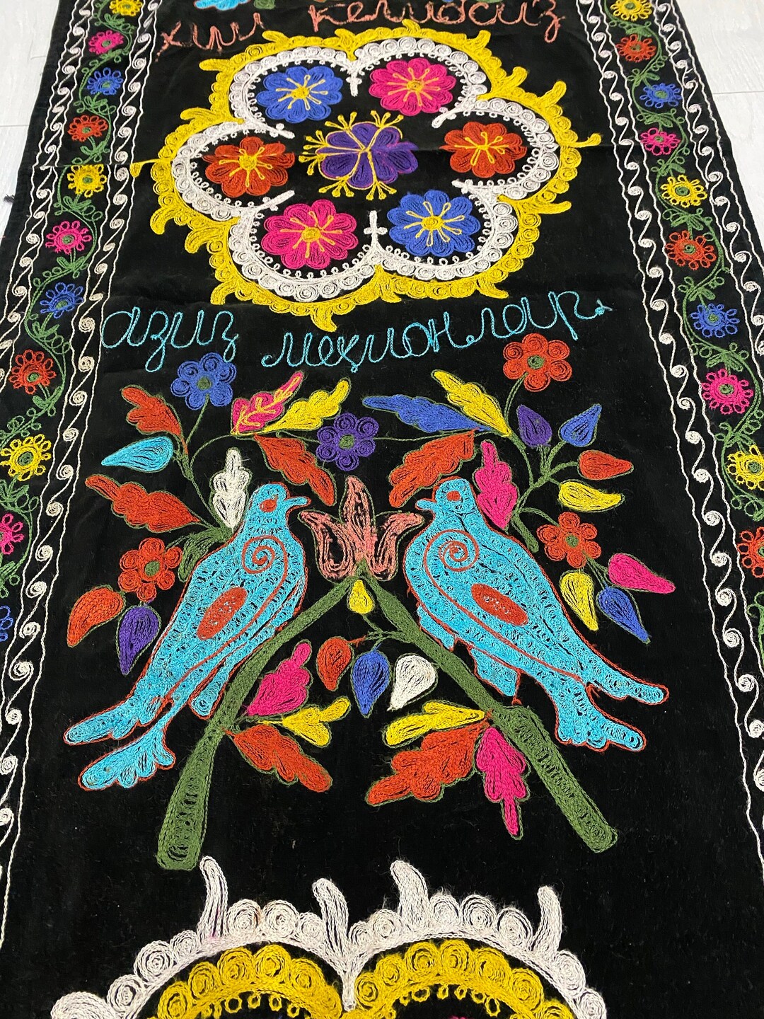 Vintage Suzani Tapestry Wall Hanging Curtain With Fringe, 25.6 X 90.6