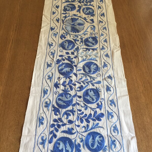 Blue suzani cotton table runner with Uzbek hand embroidered tree of life, 18.5 x 71.26 inch / 47 x 181 cm