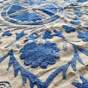 Suzani tablecloth - Round blue table cloth - Uzbek antique embroidery, 140 cm / 55 inch