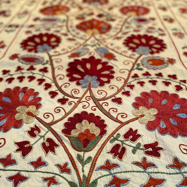 Suzani wall hanging & bedspread fabric - Uzbek embroidered tablecloth, 57.5 x 79.5 inch / 146 x 202 cm