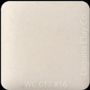 May include: A close-up of a white ceramic tile with the text "WC 617 #16" and the words "Laguna Clay Co." printed vertically on the right side.