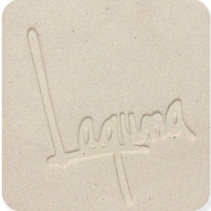 May include: A close-up of a white ceramic tile with the word "Laguna" embossed in the surface.