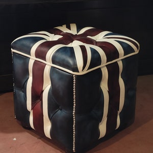 Repose-pieds en cuir Ottoman UK JACK Drapeau des Etats-Unis Fabriqué à la main en Italie Cuirs patchwork