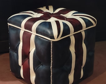 Leather Footstool Ottoman UK JACK  USA flag HandMade in Italy Patchwork Leathers