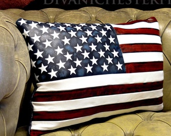 Real Leather Pillows USA and other Flags HandMade in Italy Patchwork Cushions