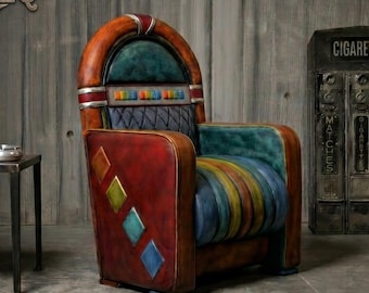 JukeBox Chair Wurlitzer Style Exclusive Limited Edition Handmade in Italy, Luxury Art Deco Design, Patchwork Leathers, Original Harleq