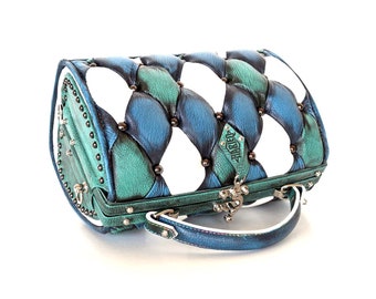 Luxury Leather Handbag Harleq "Bauletto" Design BlueLeathers, Totally HandMade in Italy