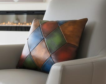 Unique Real Leather Pillows Modern Patchwork Colour HandMade in Italy Patchwork Cushions Luxury Style