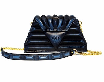 Leather Designer Bag "Harleq Sphinx Blue" Unique  Luxury Pochette Handmade in Italy