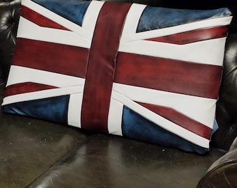 Cushion in UK Union Jack flag Leather Big Cushion HandMade in Italy Patchwork Leathers Pillows