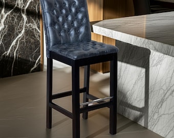 Handmade Chesterfield Bar Stool: Italian Leather, High Back, Black Beech Frame