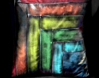 Unique Cushions with Patchwork Stripes, Real Leather, Artisanal Pillows HandMade in Italy
