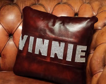 Personalized Leather Rhinestone Name Pillow: Handmade Italian Decor
