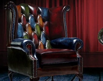 Chesterfield Harleq Queen Anne Flügel Sessel Luxus Patchwork Leder Einzigartiges Original Patentdesign Handgefertigt in England Moderne Leder