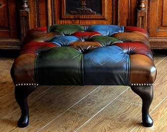 Chesterfield Footstool The Original Patchwork Leathers Harleq Rectangular Footstool HandMade in England and Italy Patchwork Leathers
