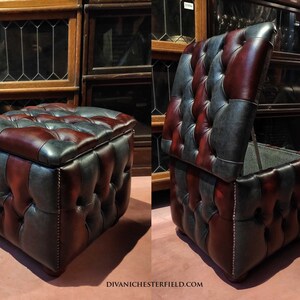 May include: A dark blue and burgundy leather storage ottoman with a tufted top and a hinged lid. The ottoman is open in one image, revealing a dark gray interior.