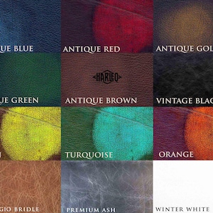 May include: A color palette showcasing leather swatches in various hues. The swatches include "Antique Blue," "Antique Red," "Antique Gold," "Antique Green," "Antique Brown," and "Vintage Black." Additional colors are "Lemon," "Turquoise," "Orange," "Selvaggio Bridle," "Premium Ash," and "Winter White."