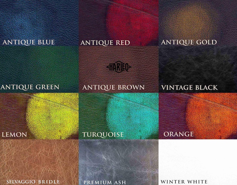 May include: A color palette showcasing leather swatches in various hues. The swatches include "Antique Blue," "Antique Red," "Antique Gold," "Antique Green," "Antique Brown," and "Vintage Black." Additional colors are "Lemon," "Turquoise," "Orange," "Selvaggio Bridle," "Premium Ash," and "Winter White."
