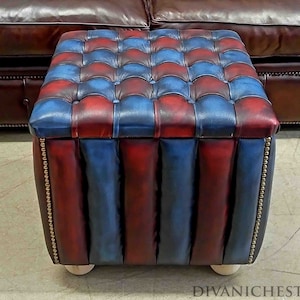 Modern Chesterfield Ottoman Open box Lid Stool Patchwork Leather Harleq Squared Footstool HandMade in England and Italy Patchwork Leathers