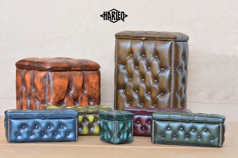 Chesterfield Leather Footstool Ottoman Open Lid box HandMade in England and Italy Patchwork Leathers image 5