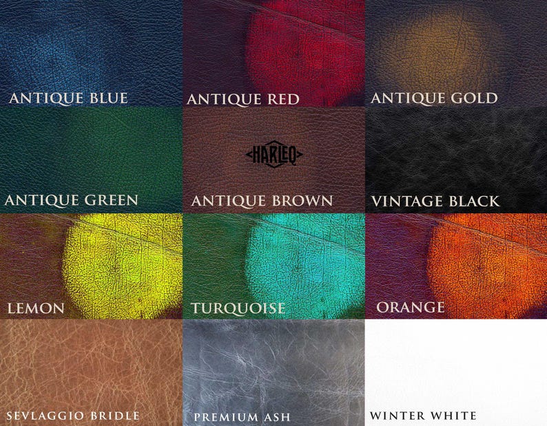 K&ouml;nnte beinhalten: Eine Tabelle mit 12 verschiedenen Lederfarben, darunter Antikblau, Antikrot, Antikgold, Antikgr&uuml;n, Antikbraun, Vintage Schwarz, Zitrone, T&uuml;rkis, Orange, Sevlagio Bridle, Premium Asche und Winterwei&szlig;.