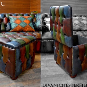 May include: A multi-colored leather box stool with a tufted top and a storage compartment. The stool is open and the inside is visible. The stool is made of patchwork leather in shades of brown, blue, green, and red.
