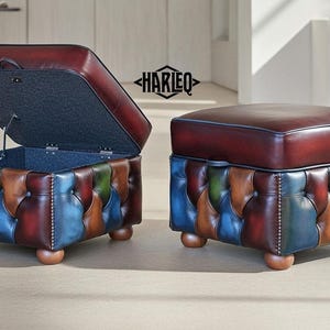 Chesterfield Leather Footstool Ottoman Open Lid box HandMade in England and Italy Patchwork Leathers image 10