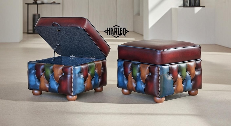 Chesterfield Leather Footstool Ottoman Open Lid box HandMade in England and Italy Patchwork Leathers image 10