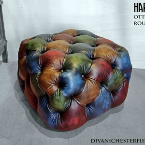 Modern original Chesterfield Leather Stool Ottoman Buttoned Table HandMade in Italy Patchwork Leathers