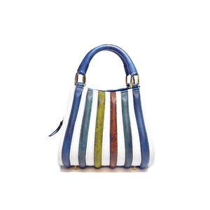 Luxury Leather Handbag Harleq &quot;Spine Mini&quot; Design multicoloured patchwork leathers, tote bag, Totally HandMade in Italy
