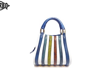 Luxury Leather Handbag Harleq "Spine Mini" Design multicoloured patchwork leathers, tote bag, Totally HandMade in Italy