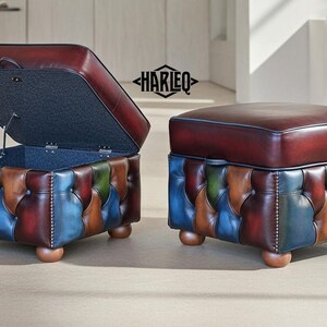 Chesterfield Leder Fußschemel Ottoman Open Deckel Box Handgefertigt in England und Italien Patchwork Leathers Bild 4