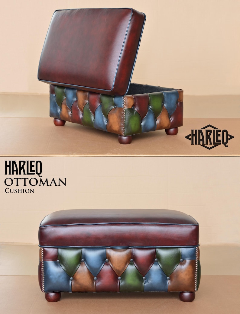 May include: A multi-colored leather ottoman with a tufted top and a hinged lid. The ottoman is made of brown, green, blue, and tan leather. The ottoman is labeled "HARLEQ OTTOMAN CUSHION".