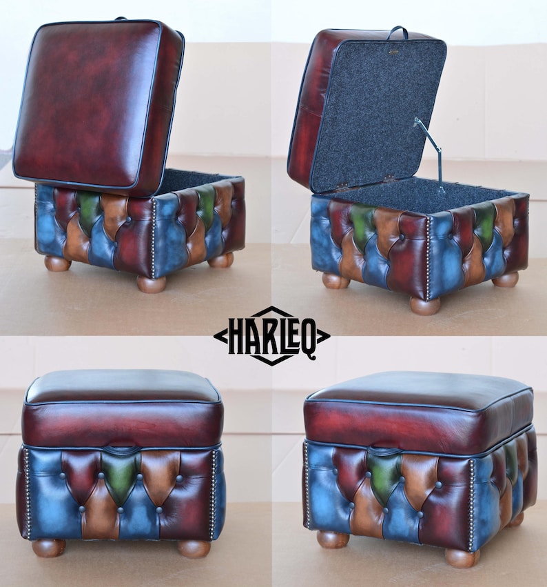 May include: A multi-colored leather storage ottoman with a tufted top and wooden legs. The ottoman has a hinged top that opens to reveal a storage compartment.