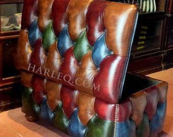 Chesterfield Leather Footstool Ottoman Open Lid box HandMade in England and Italy Patchwork Leathers