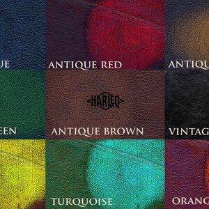 May include: Nine leather swatches in various colors, including antique blue, red, gold, green, brown, vintage black, lemon, turquoise, and orange. The swatches are arranged in a 3x3 grid with the word "HARLEQ" in the center.