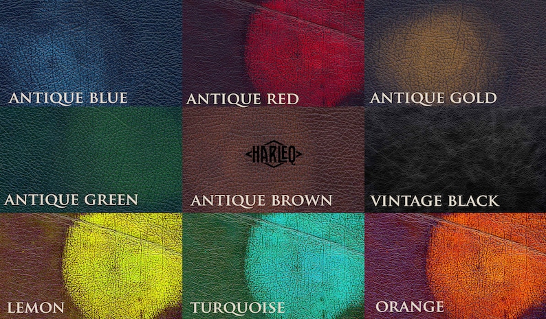 May include: Nine leather swatches in various colors, including antique blue, red, gold, green, brown, vintage black, lemon, turquoise, and orange. The swatches are arranged in a 3x3 grid with the word "HARLEQ" in the center.