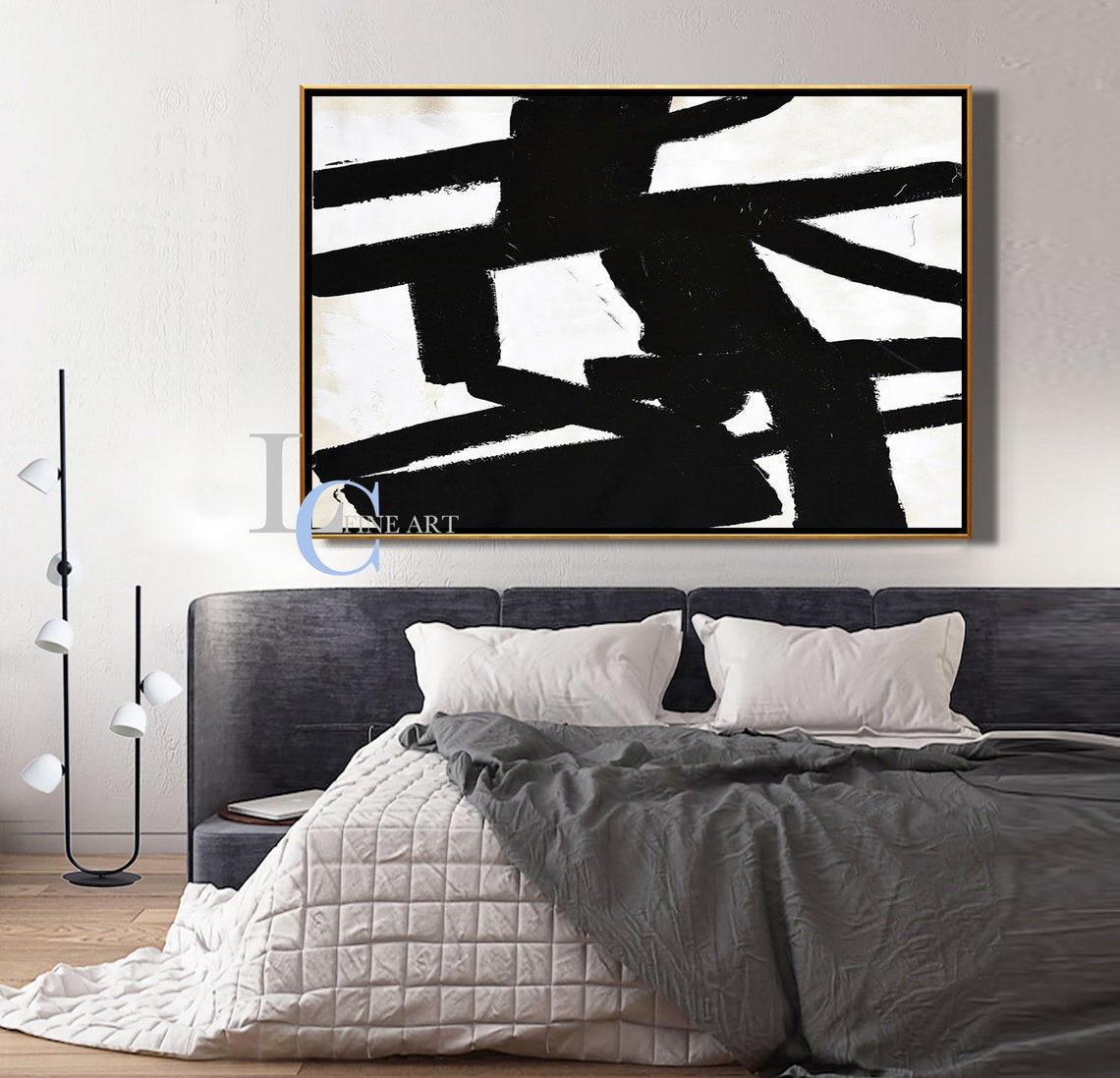 Large Horizontal Wall Art Texture Painting Black and White Etsy