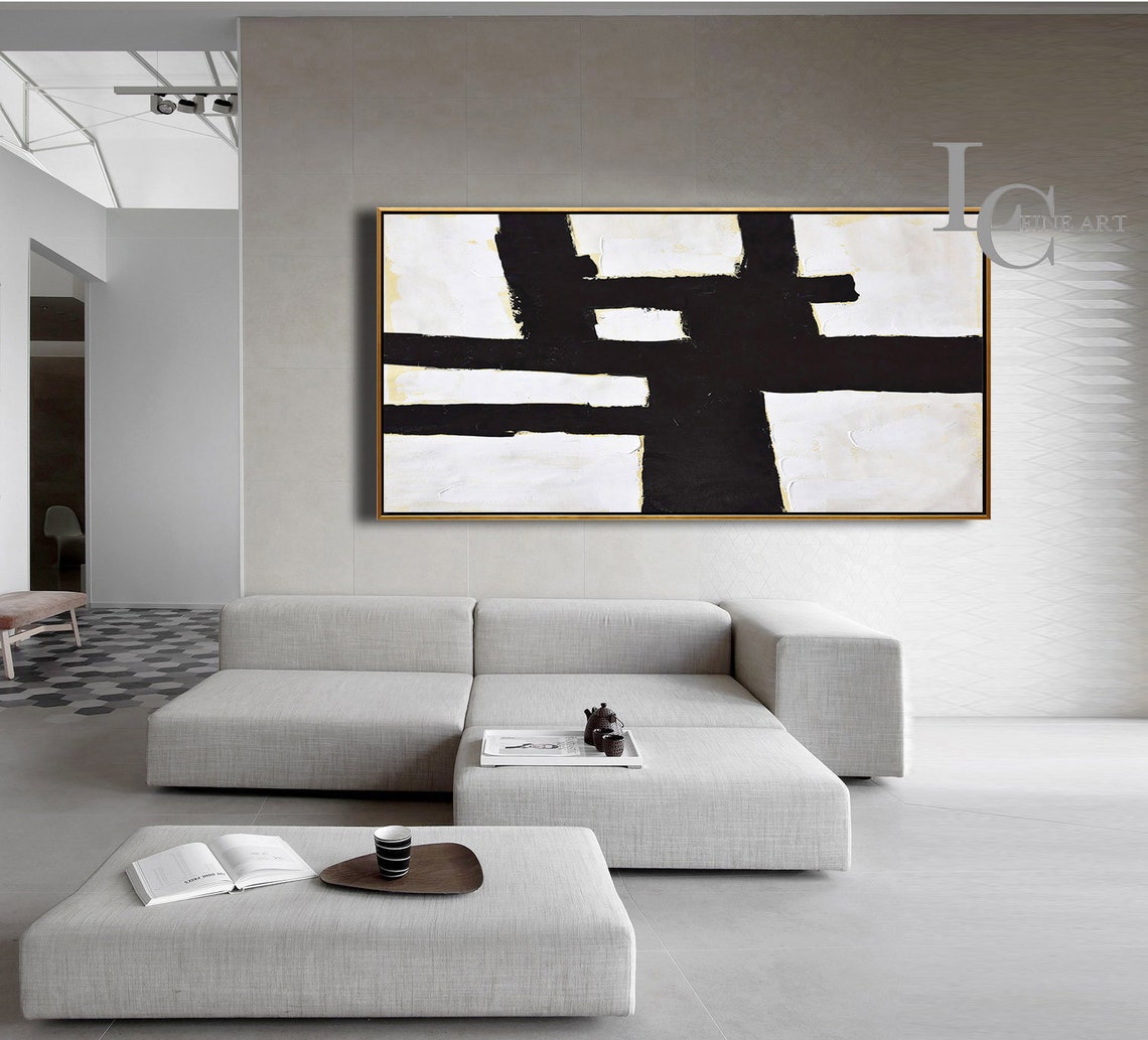 Large Horizontal Wall Art Black White Painting on Canvas | Etsy