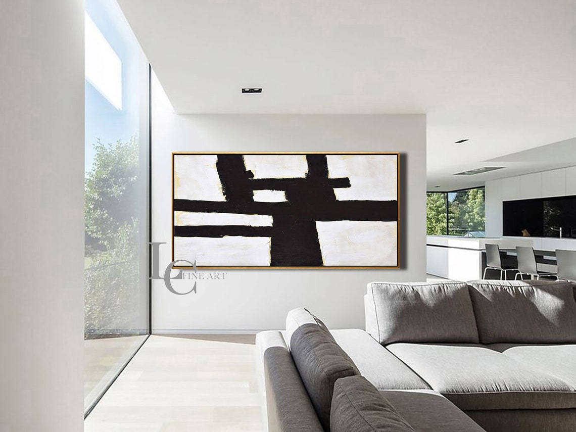 Large Horizontal Wall Art Black White Painting on Canvas | Etsy