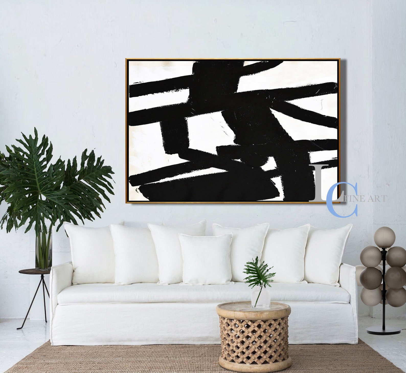 Large Horizontal Wall Art Texture Painting Black and White Etsy