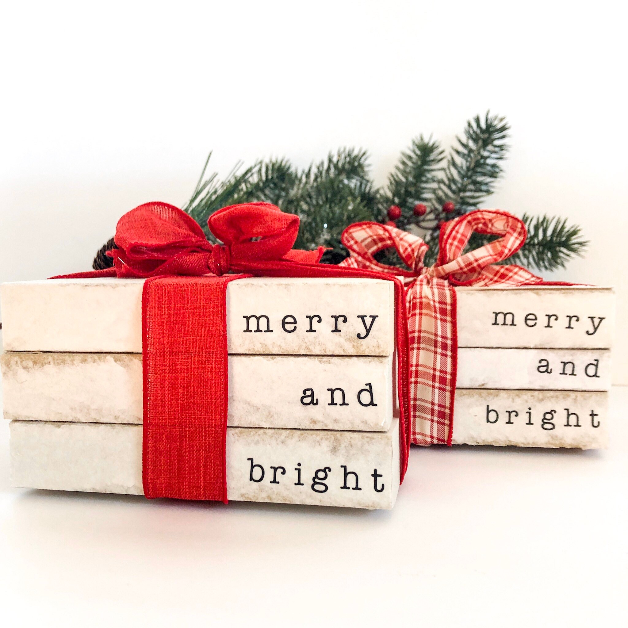Merry and Bright Christmas Decorative Book Stack. Farmhouse Etsy