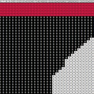 K&ouml;nnte beinhalten: Ein Pixel-Art-Design in Schwarzwei&szlig; mit rotem Rand. Das Design zeigt ein schwarzes Quadrat mit einem wei&szlig;en Dreieck in der unteren rechten Ecke.
