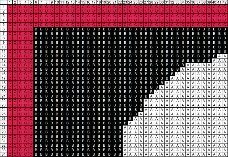 K&ouml;nnte beinhalten: Ein Pixel-Art-Design in Schwarzwei&szlig; mit rotem Rand. Das Design zeigt ein schwarzes Quadrat mit einem wei&szlig;en Dreieck in der unteren rechten Ecke.