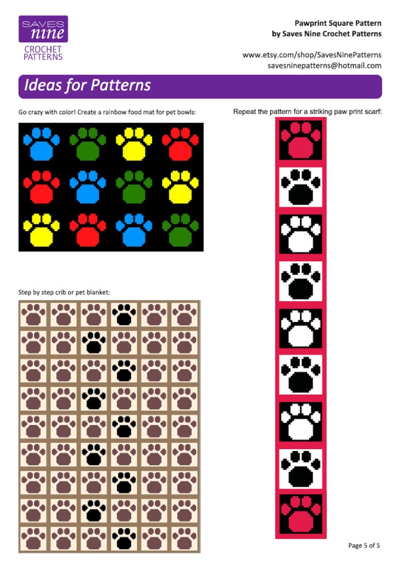 Paw Print Crochet Pattern, Square, Blanket, Easy Crochet Pattern, pet crochet, row by row, grid, single crochet, c2c, tapestry image 3