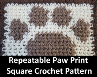 May include: A crochet square pattern featuring a brown paw print on a white background. The pattern is repeatable and can be used to create a variety of projects, such as blankets, pillows, and bags.  Repeatable Paw Print Square Crochet Pattern