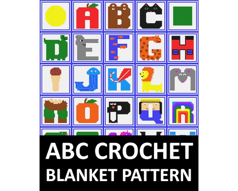 ABC crochet, blanket pattern, blanket, play mat, row by row, grid, single crochet, C2C, written, cross stitch, afghan, graphgan, Alphabet image 1